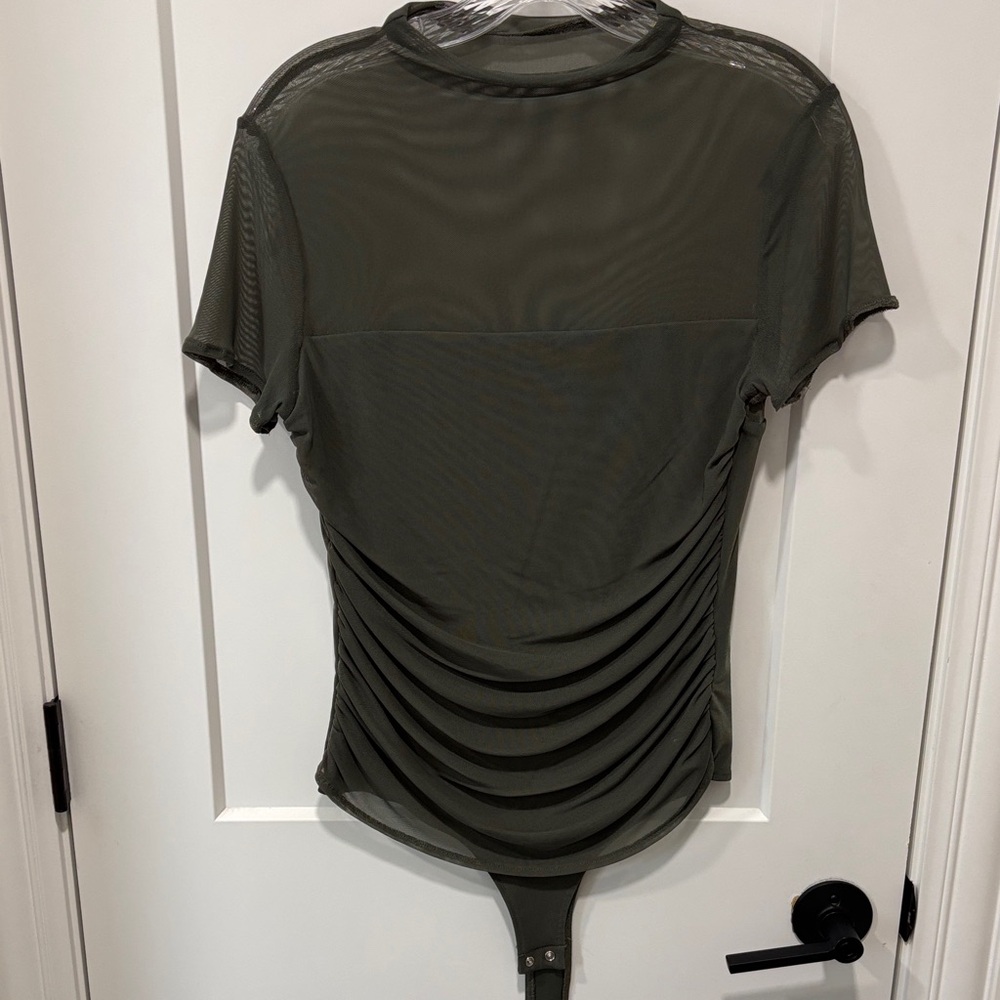 Amazon Olive Green Sheer Short Sleeve Ruched Bodysuit